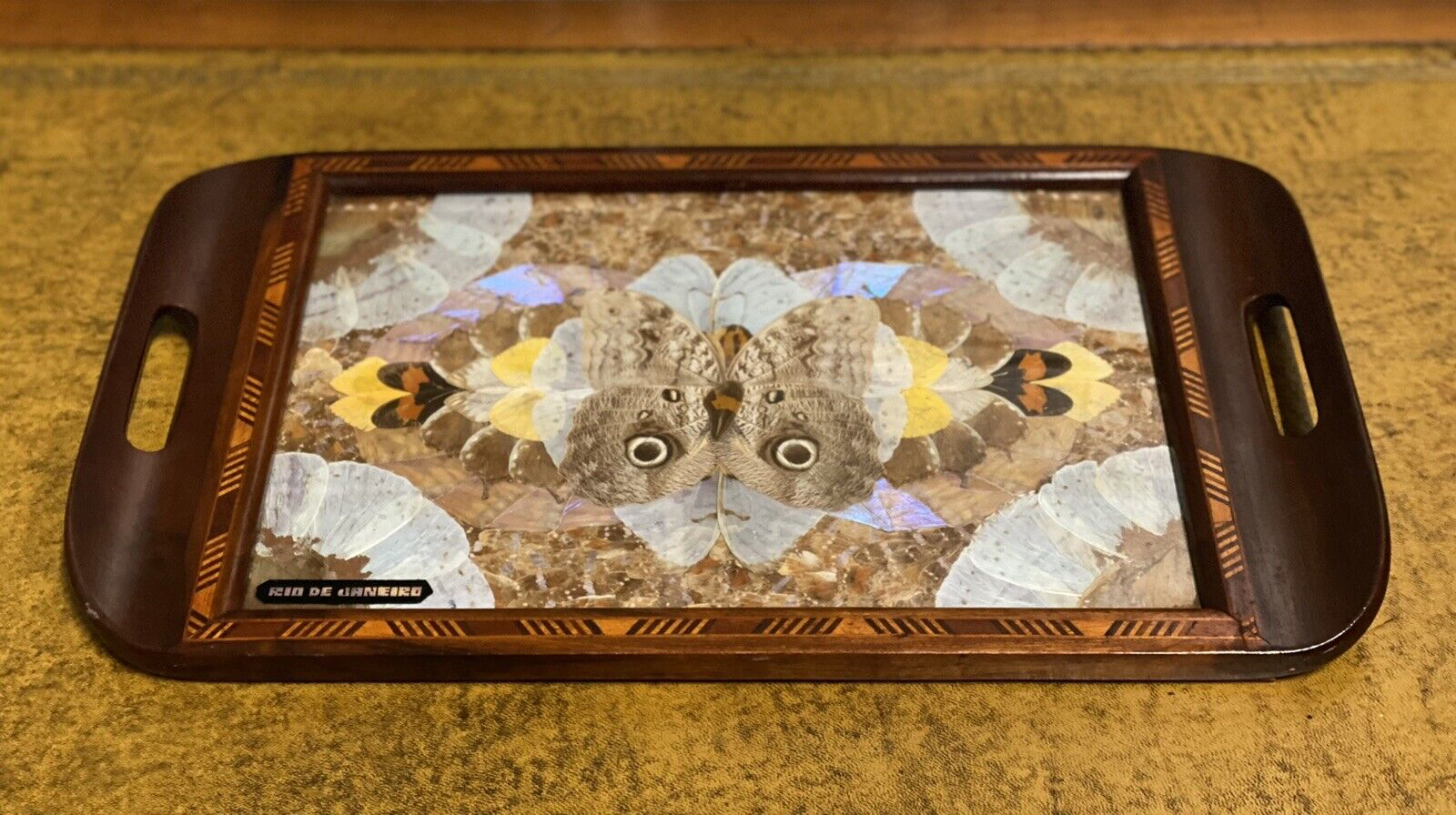 DANIEL TEIXEIRA BRAZILIAN INLAID TRAY WITH REAL MORPHO BUTTERFLY WINGS 1940'S