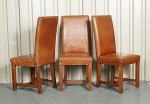 VINTAGE SET 6 OAK BROWN LEATHER HALO SOHO DINING CHAIRS RRP £2874