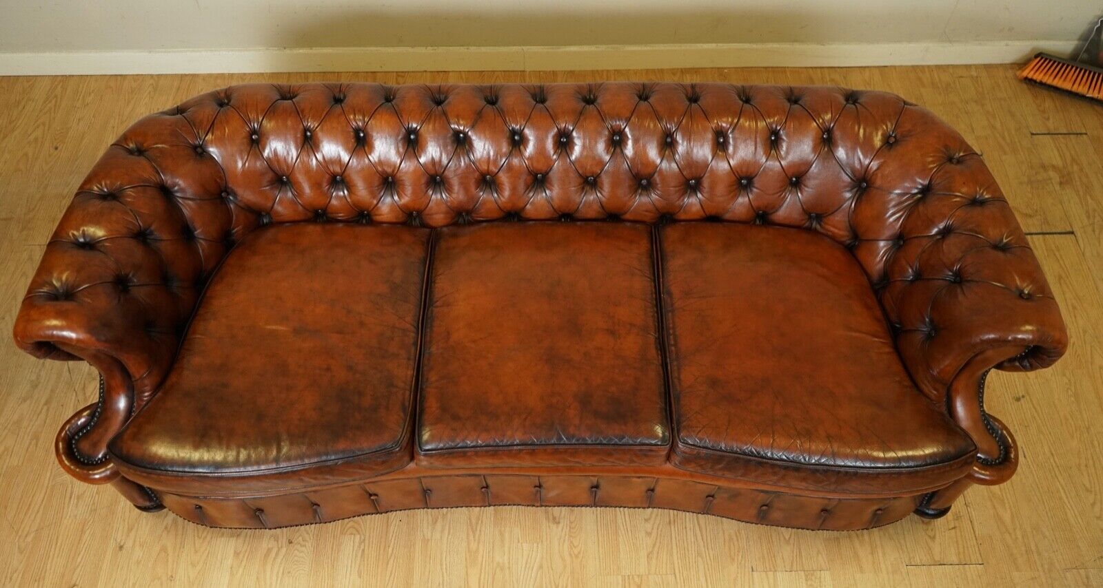 ONE OF A KIND WHISKEY BROWN HAND DYED LEATHER SERPENTINE CLUB CHESTERFIELD SOFA