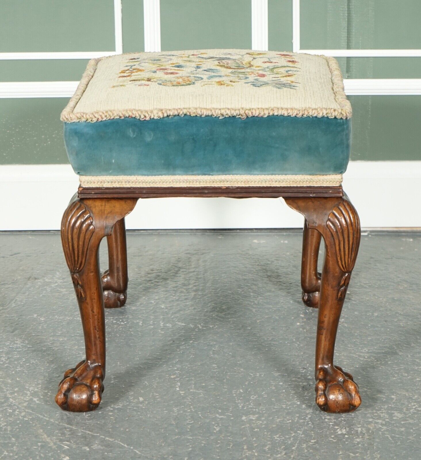 FINE LATE VICTORIAN FLOWER UPHOLSTERY CLAW AND BALL FOOT STOOL