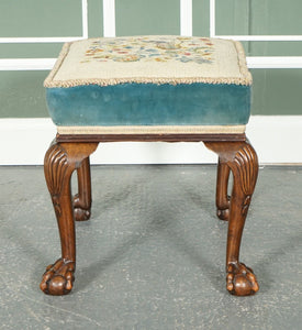 FINE LATE VICTORIAN FLOWER UPHOLSTERY CLAW AND BALL FOOT STOOL