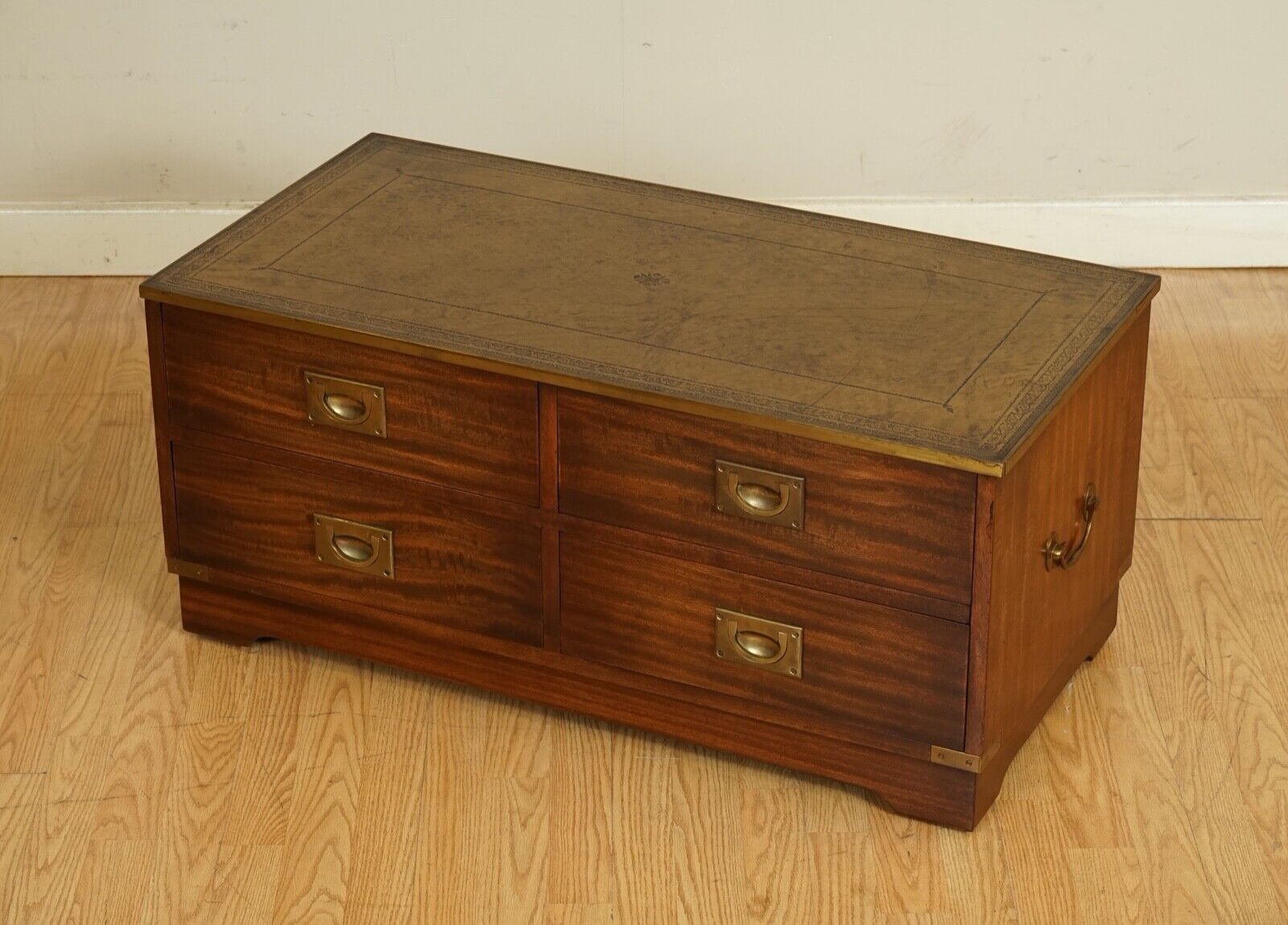 STUNNING BEVAN AND FUNNEL MILITARY CAMPAIGN CHEST TV STAND WITH BROWN LEATHER