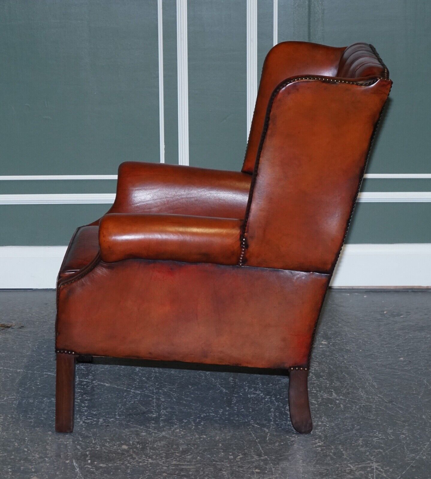 STUNNING PAIR OF BURGUNDY BROWN LEATHER HAND DYED WINGBACK CHAIRS
