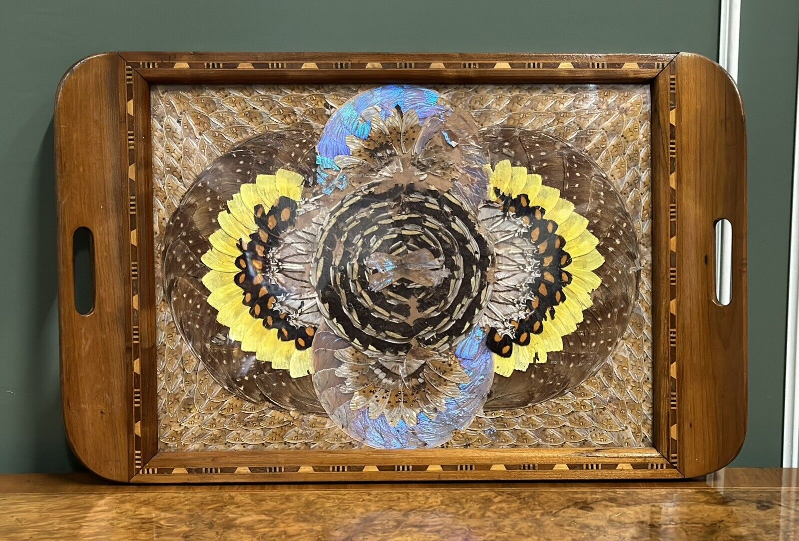 1940'S BRAZILIAN INLAID WOOD TRAY WITH REAL MORPHO BUTTERFLY WINGS