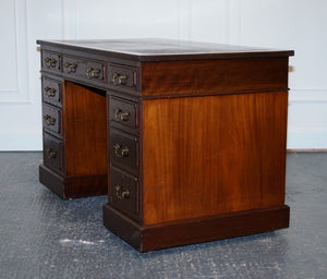EDWARDIAN MAPLE & CO PEDESTAL WRITING DESK DISTRESSED BROWN EMBOSSED LEATHER