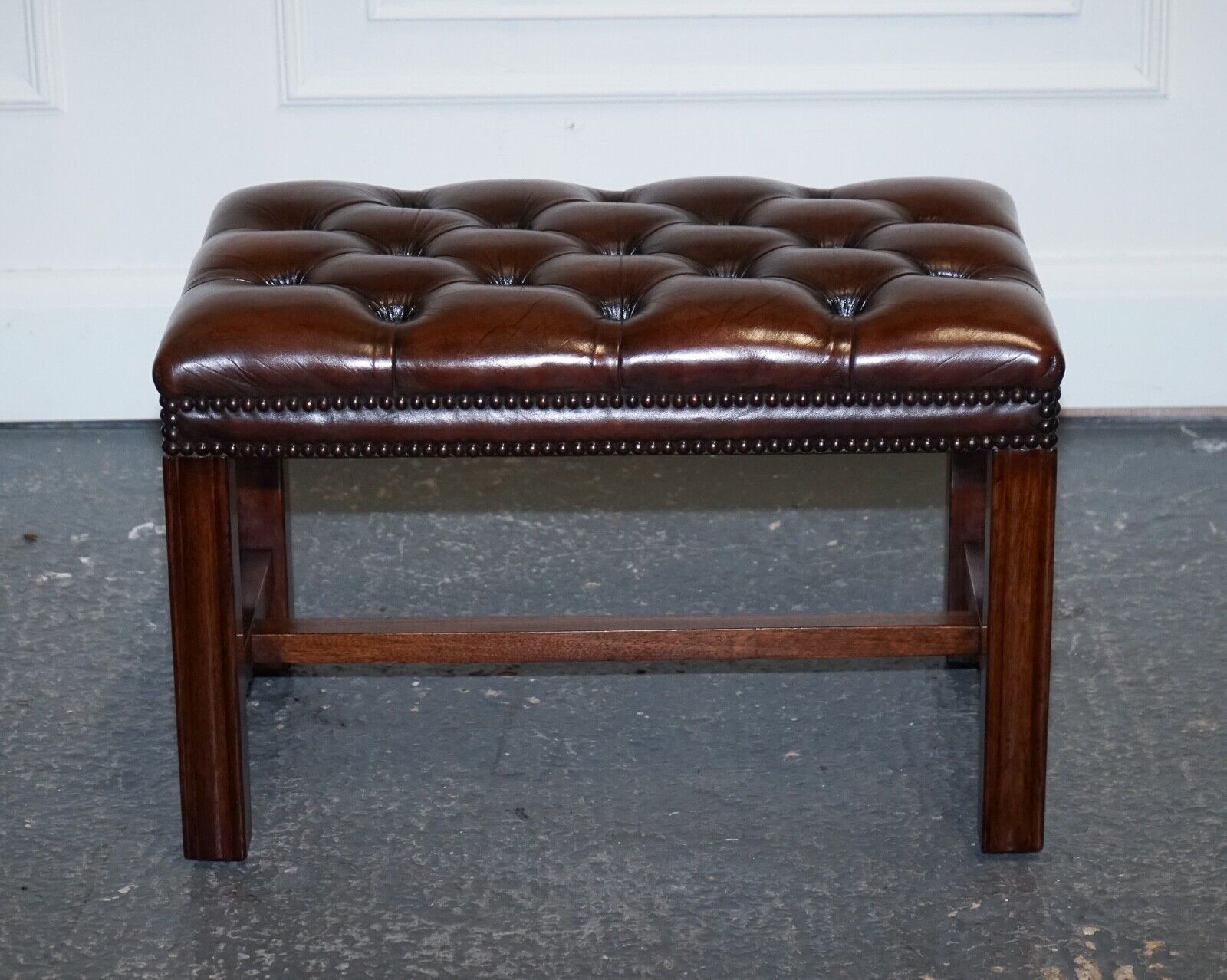 VINTAGE FULLY RESTORED CHESTERFIELD HAND DYED BROWN LEATHER TUFFED FOOTSTOOL