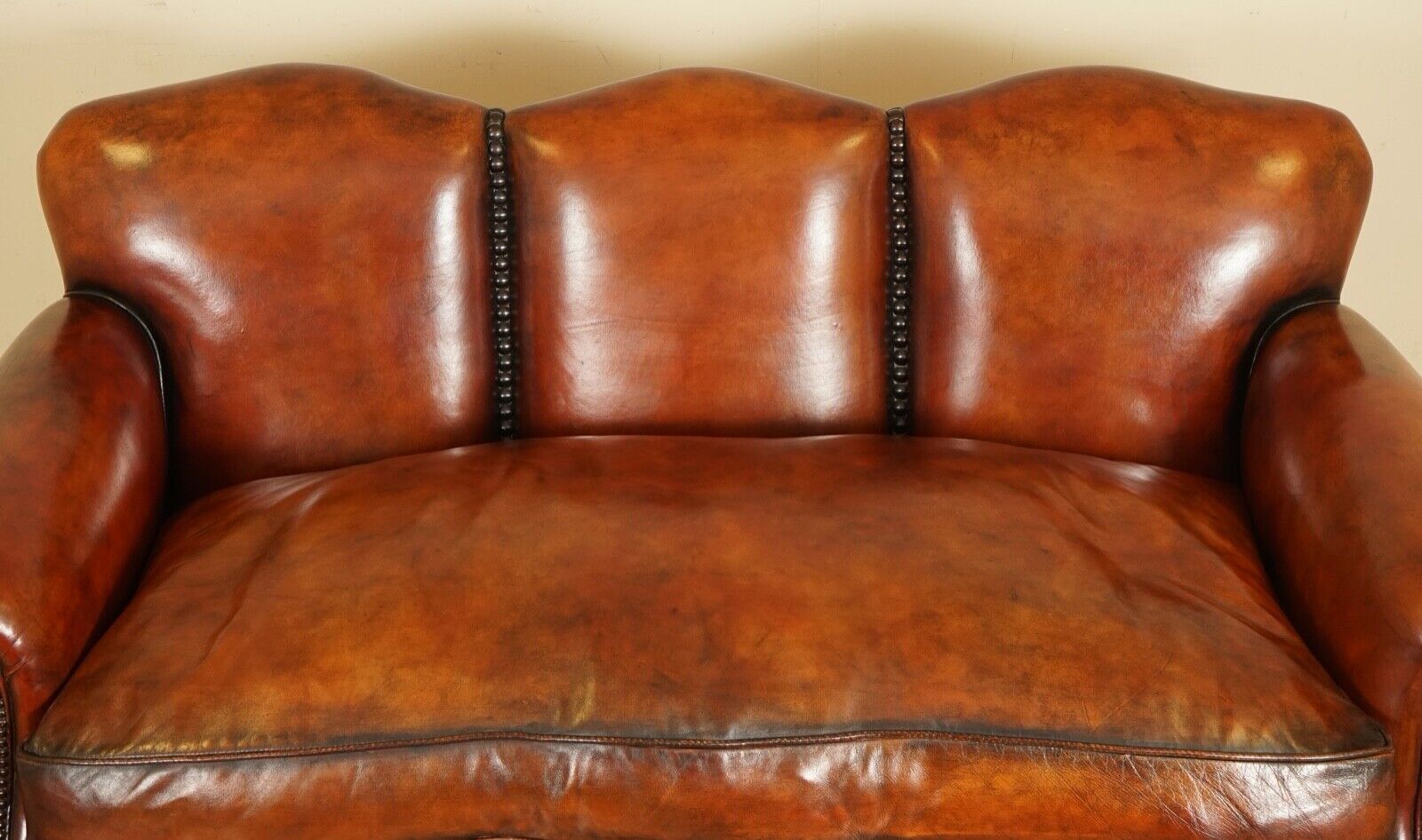 FULLY RESTORED HAND DYED WHISKY BROWN EDWARDIAN SOFA WITH FEATHER FILLED CUSHION