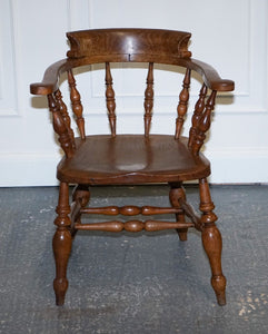 GORGEOUS PATINA EDWARDIAN SOLID ELM BOW BACK SMOKERS CAPTAINS CHAIR