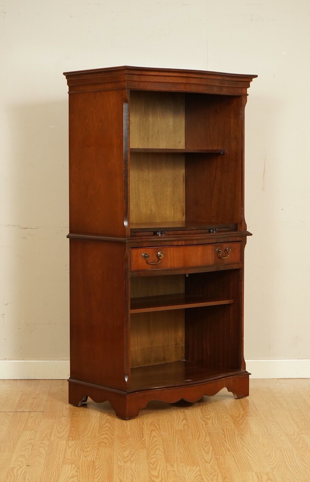 OPEN BOOKCASE CABINET WITH SHELVES SERVING TRAY AND DRAWER