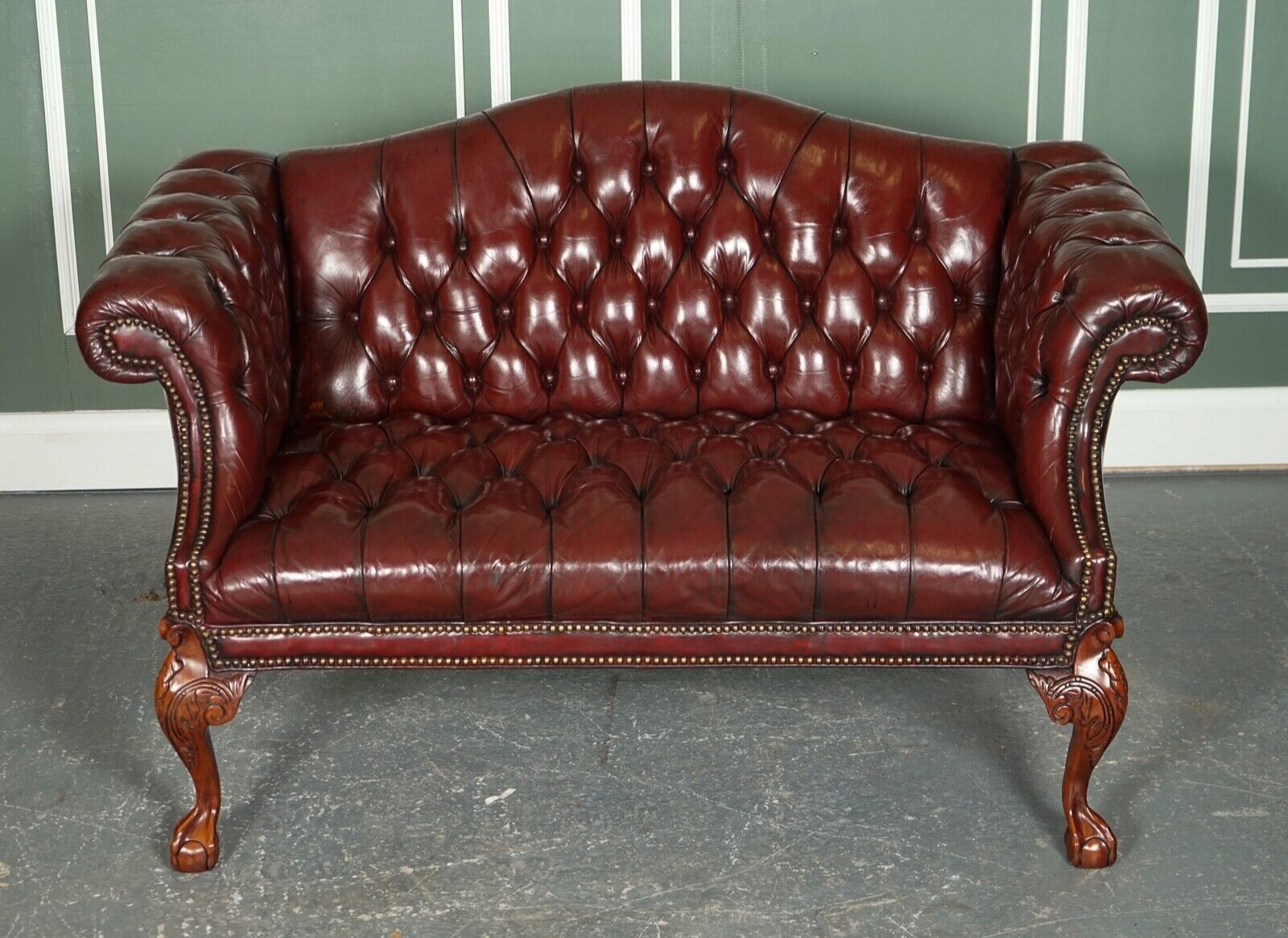RESTORED HAND DYED BURGUNDY HUMP CAMEL BACK REGENCY CHESTERFIELD BUTTONED SOFA