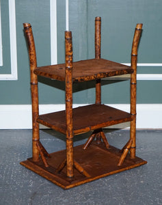 ANTIQUE ENGLISH BURNT BAMBOO THREE TIER SIDE END LAMP TABLE