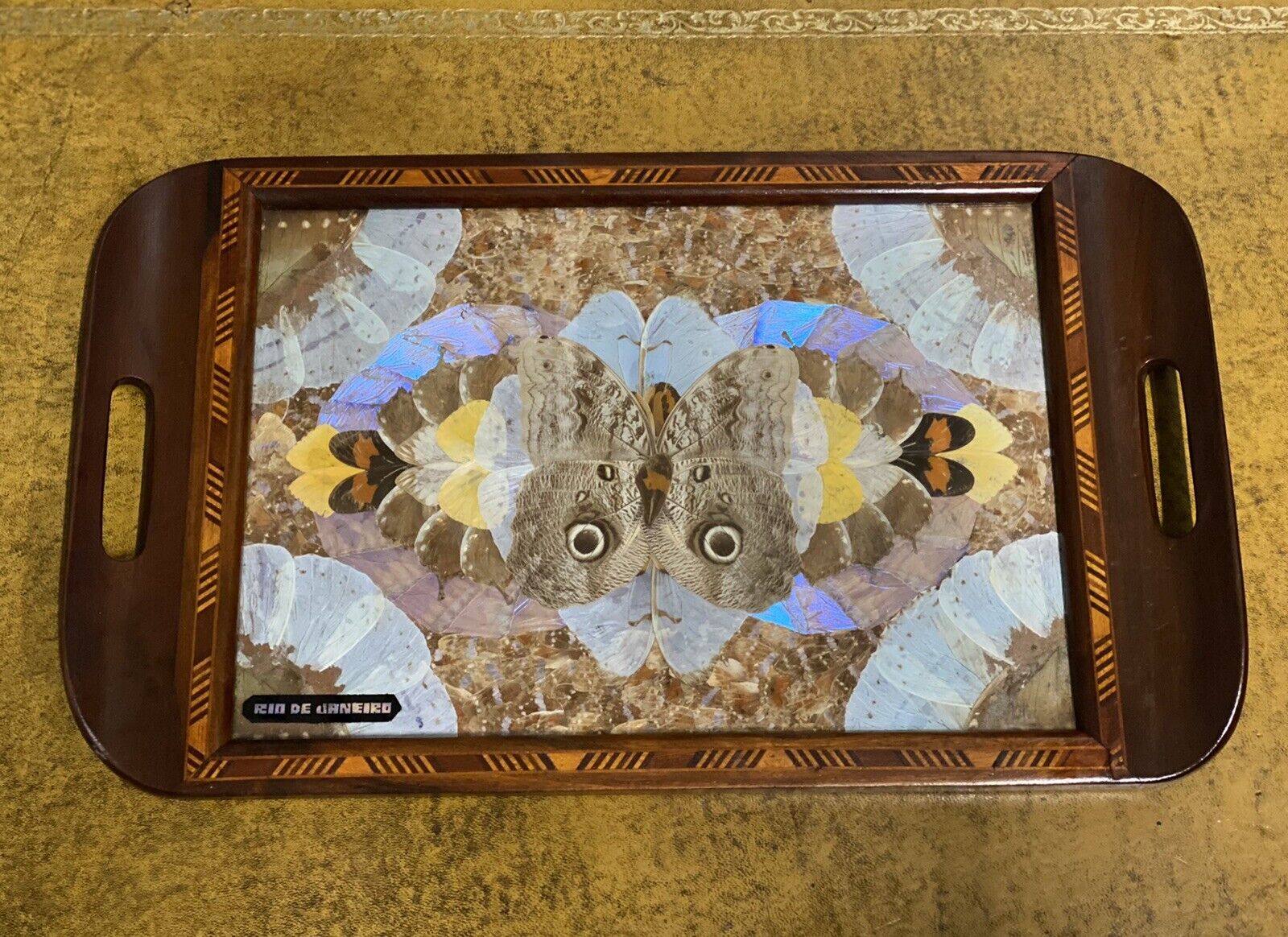 DANIEL TEIXEIRA BRAZILIAN INLAID TRAY WITH REAL MORPHO BUTTERFLY WINGS 1940'S