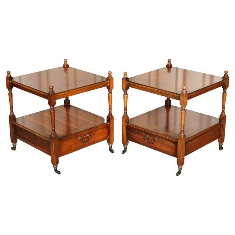 PAIR OF TWO 1950'S TIER BURR YEW SIDE END LAMP BEDSIDE TABLES