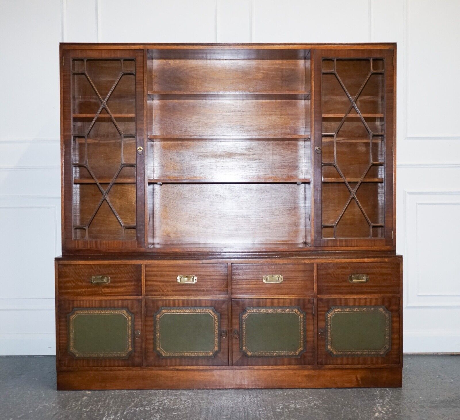 VINTAGE BEVAN FUNNELL MILITARY CAMPAIGN BOOKCASE WITH EMBOSSED LEATHER DOORS