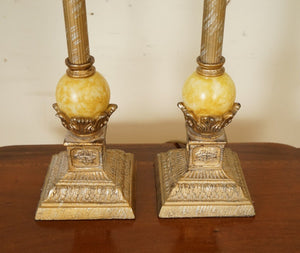 BEAUTIFUL PAIR OF FRENCH STYLE LAMPS WITH MARBLE LOOK BALL ON THE BOTTOM