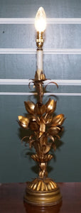 ITALIAN HOLLYWOOD REGENCY GOLD TONE WITH TULIP & LOTUS FLOWER DESIGN TABLE LAMP