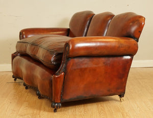 FULLY RESTORED HAND DYED WHISKY BROWN EDWARDIAN SOFA WITH FEATHER FILLED CUSHION