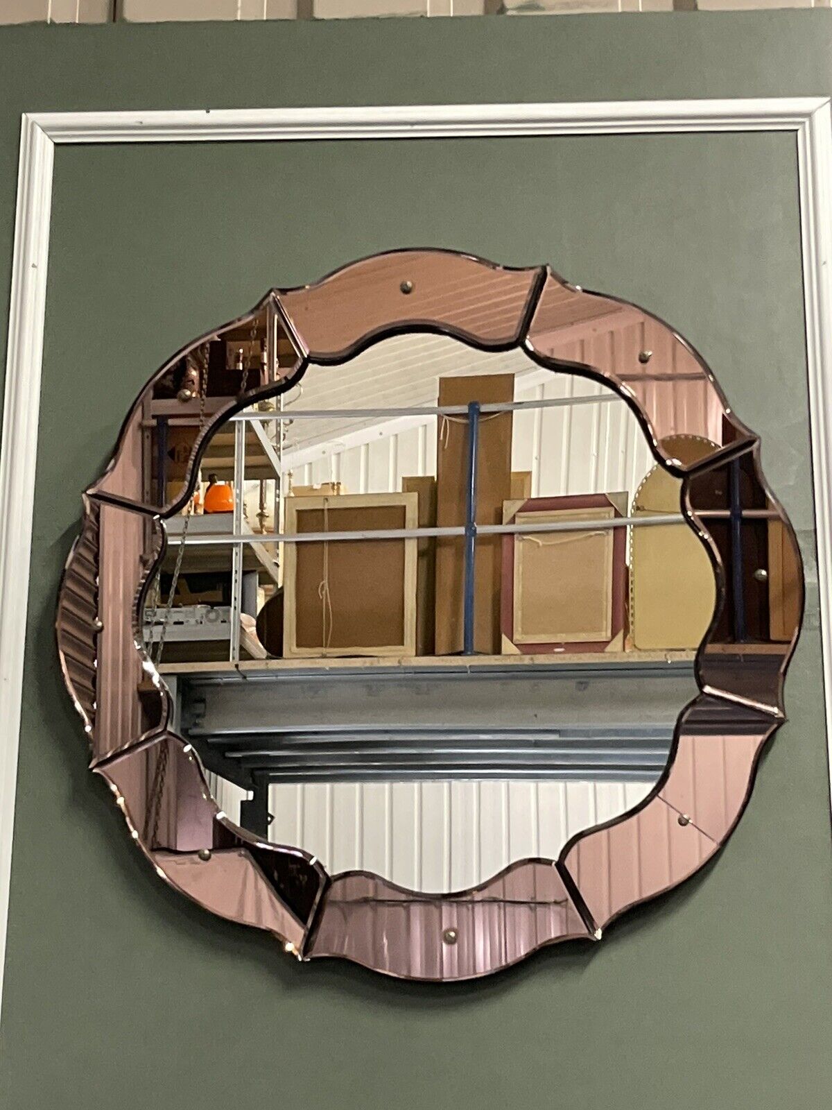 STUNNING FRENCH ART DECO 1920'S CONVEX PEACH COLOURED WALL MIRROR