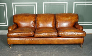 VINTAGE BROWN LEATHER HAND DYED HOWARDS & SONS STYLE 3 SEATER SOFA FEATHER