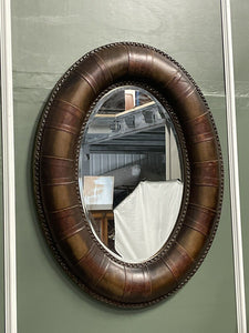STUNNING VERY DECORATIVE OVAL BROWN STUDDED LEATHER CUSHION WALL MIRROR