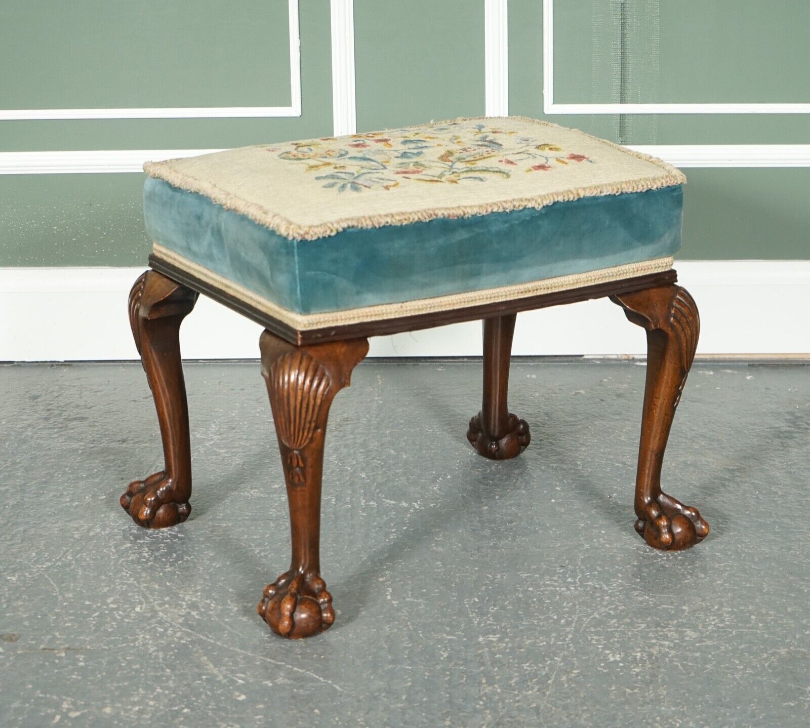 FINE LATE VICTORIAN FLOWER UPHOLSTERY CLAW AND BALL FOOT STOOL