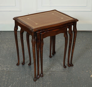 VINTAGE NEST OF TABLES QUEEN ANNE STYLE LEGS WITH BROWN EMBOSSED LEATHER TOP J1