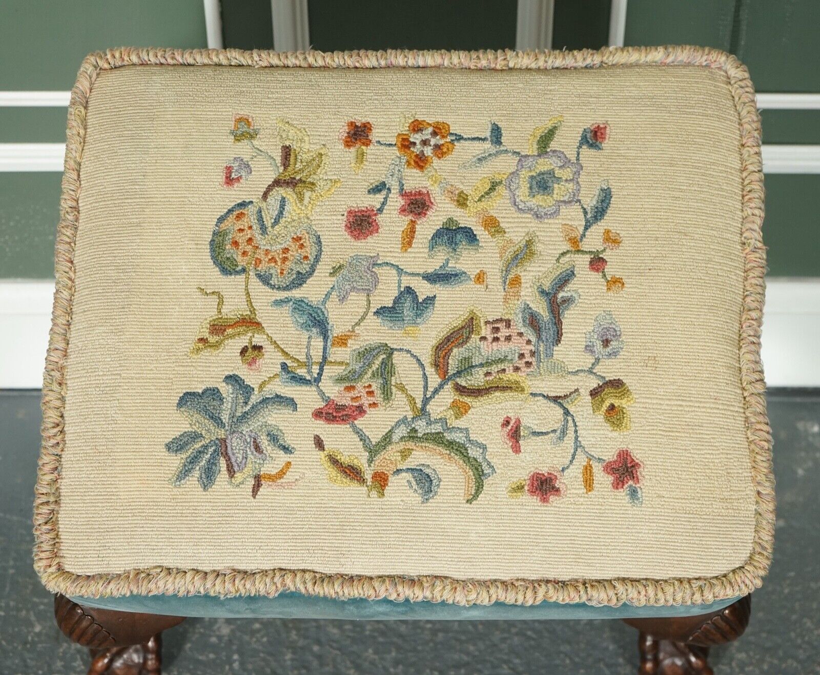 FINE LATE VICTORIAN FLOWER UPHOLSTERY CLAW AND BALL FOOT STOOL