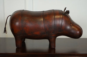 LIBERTY LONDON STYLE OMERSA ANTIQUE BROWN LEATHER FOOTSTOOL HIPPO