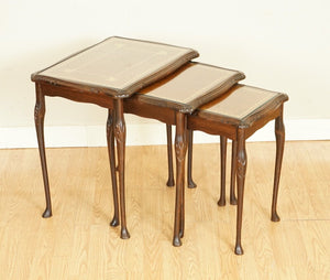 MAHOGANY NEST OF TABLES QUEEN ANNE STYLE LEGS WITH BROWN EMBOSSED LEATHER TOP