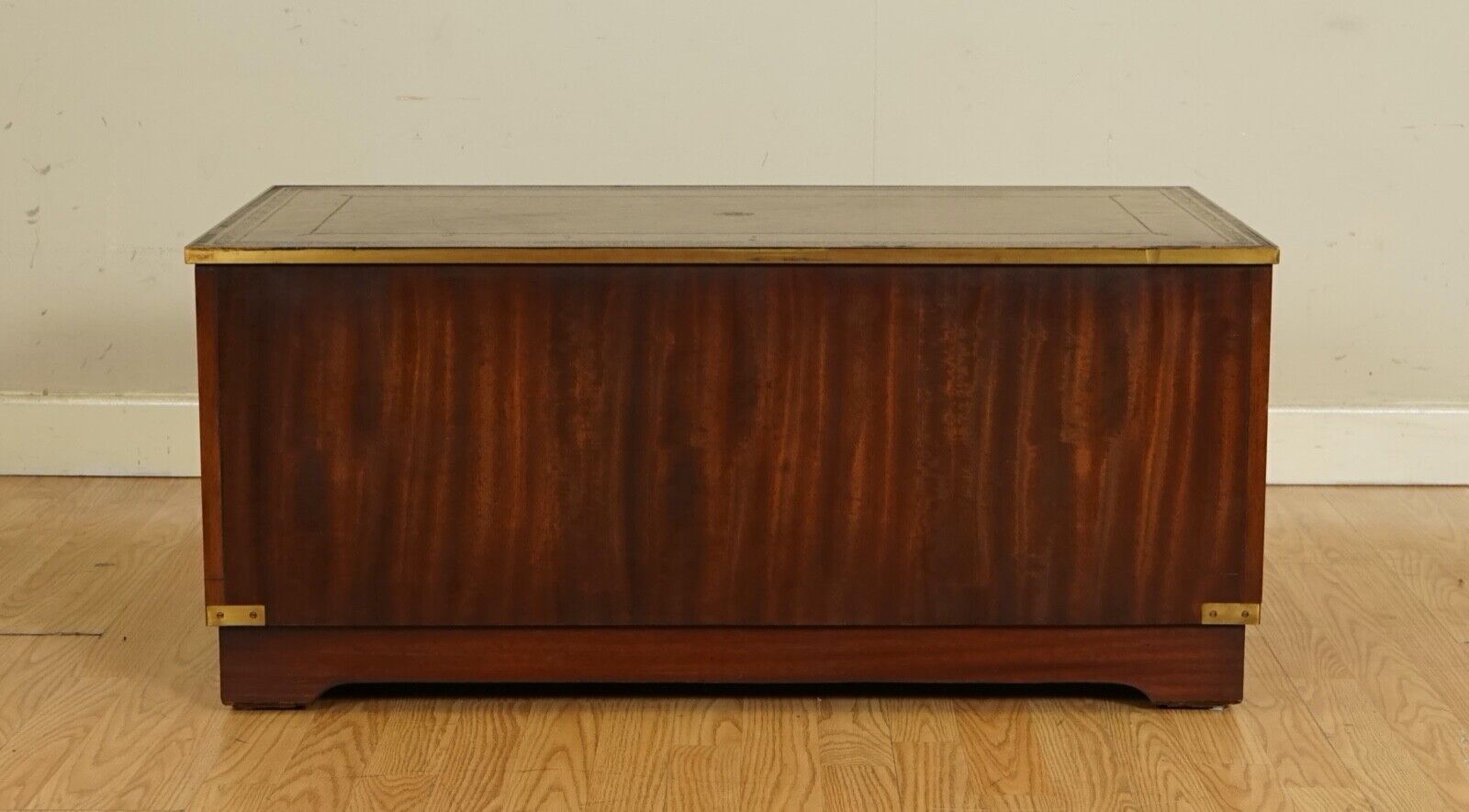 STUNNING BEVAN AND FUNNEL MILITARY CAMPAIGN CHEST TV STAND WITH BROWN LEATHER