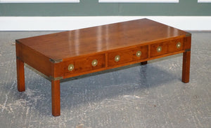RESTORED BURR YEW & ELM BRASS MILITARY CAMPAIGN 3 DRAWER COFFEE TABLE