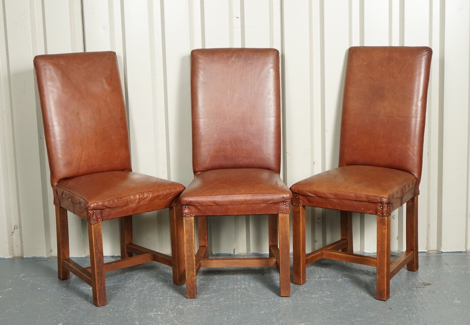 VINTAGE SET 6 OAK BROWN LEATHER HALO SOHO DINING CHAIRS RRP £2874