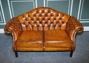 VINTAGE CIGAR BROWN HAND DYED LEATHER CAMEL BACK CHESTERFIELD 2 SEATER SOFA