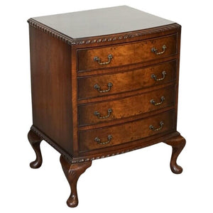 FIGURED VICTORIAN WALNUT BOW FRONTED CHEST OF DRAWERS RAISED ON QUEEN ANNE LEGS