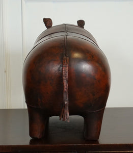 LIBERTY LONDON STYLE OMERSA ANTIQUE BROWN LEATHER FOOTSTOOL HIPPO
