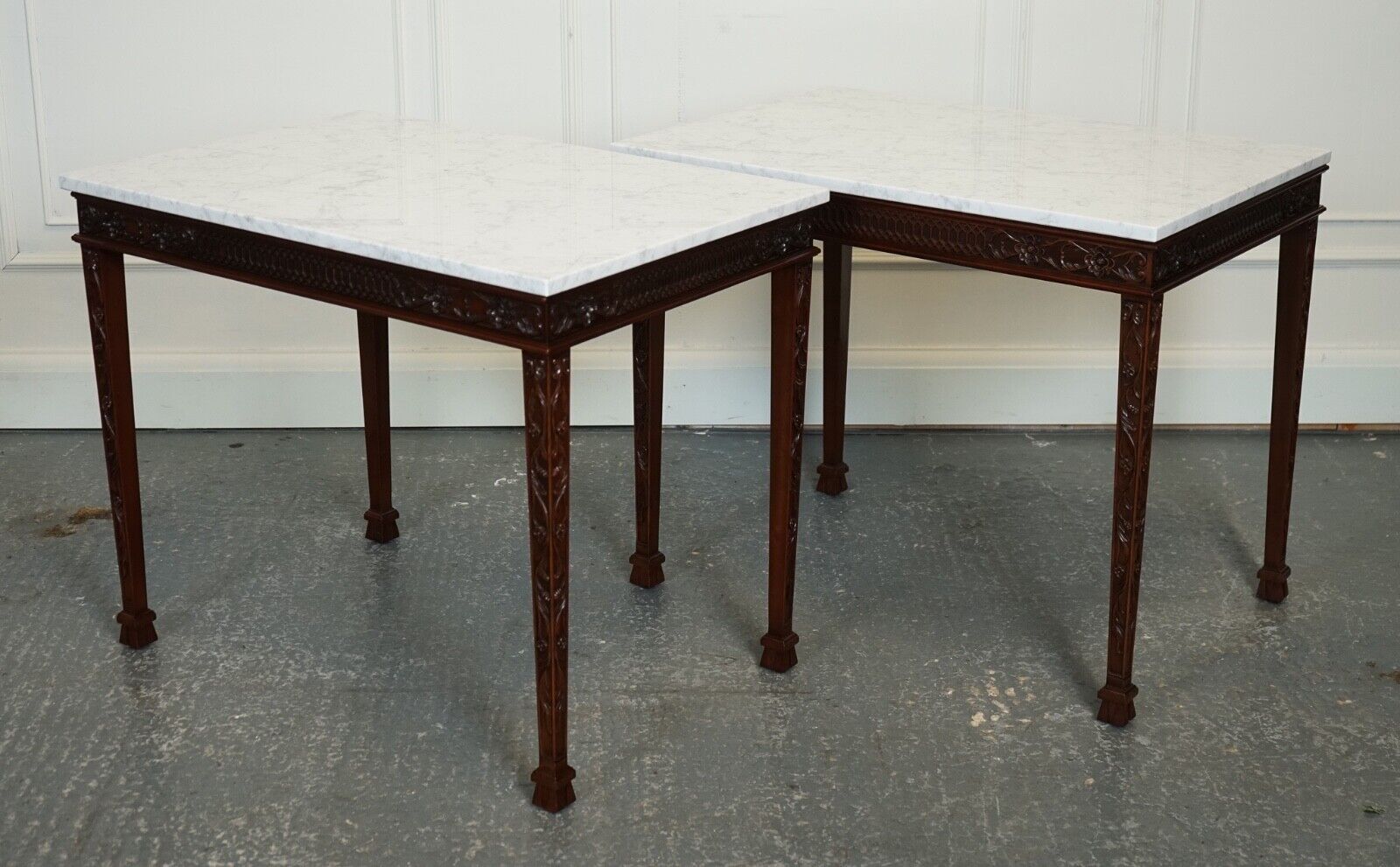 PAIR OF CHIPPENDALE STYLE CONSOLE TABLES WITH NEW WHITE CARRARA MARBLE TOPS