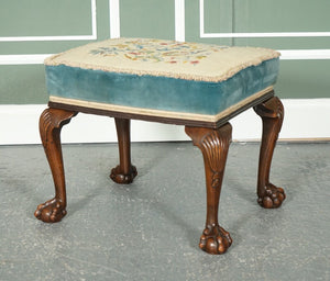 FINE LATE VICTORIAN FLOWER UPHOLSTERY CLAW AND BALL FOOT STOOL