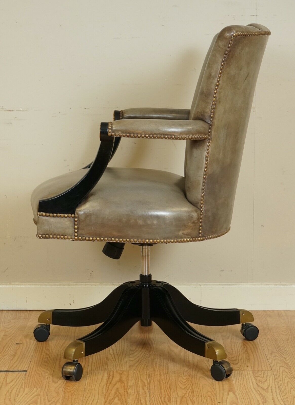 VINTAGE ART DECO SHELL BACK GREY LEATHER LACQUERED FRAME SWIVEL CHAIR 1 OF 2
