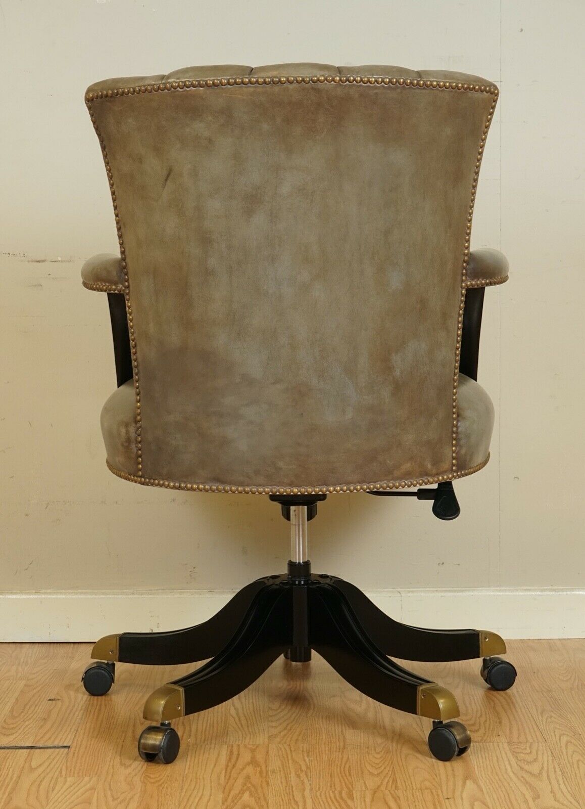 VINTAGE ART DECO SHELL BACK GREY LEATHER LACQUERED FRAME SWIVEL CHAIR 1 OF 2