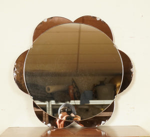 STUNNING 1930's AMBER/PEACH IN SHAPE OF A FLOWER BEVELLED MIRROR