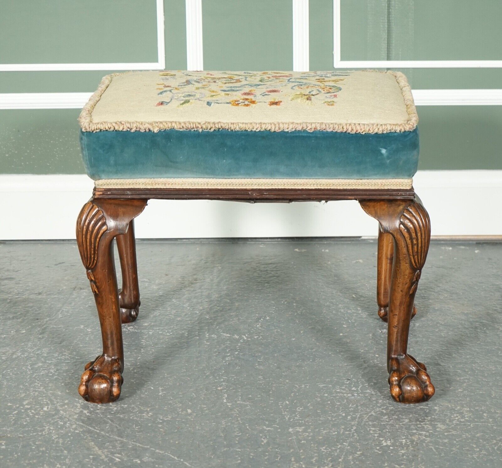 FINE LATE VICTORIAN FLOWER UPHOLSTERY CLAW AND BALL FOOT STOOL