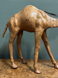 LiBERTY'S LONDON CAMEL SCULPTURE WITH LOVELY AGED LEATHER ON HAND CARVED WOOD