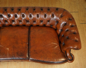 ONE OF A KIND WHISKEY BROWN HAND DYED LEATHER SERPENTINE CLUB CHESTERFIELD SOFA
