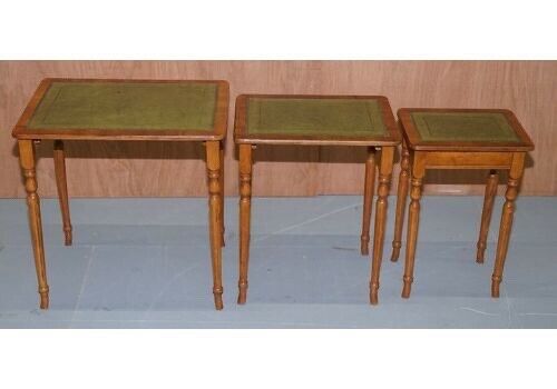 Nest Of Three Yew Wood Green Leather Top & Gold Leaf Embossed Side Tables
