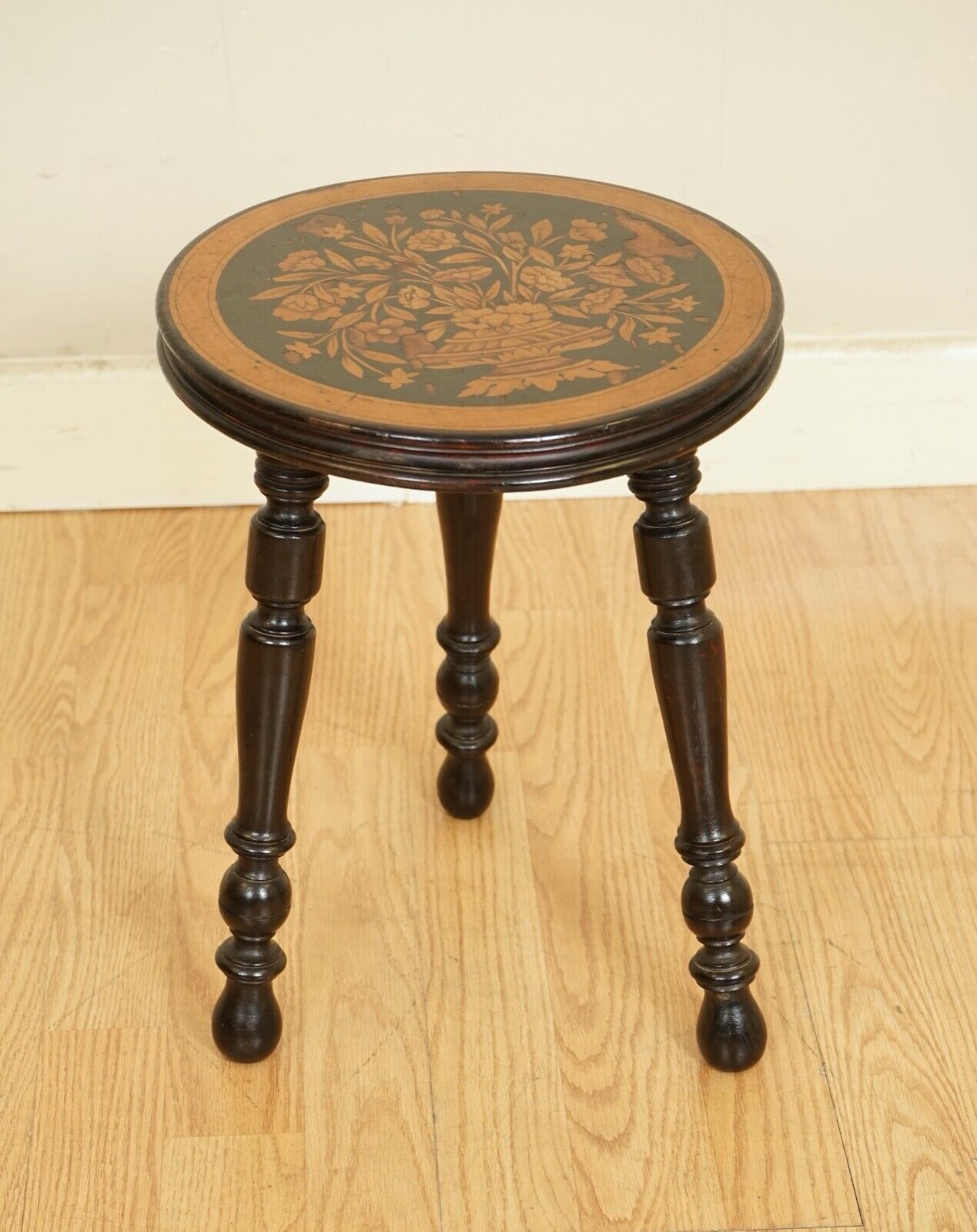 LOVELY DUTCH MARQUETRY LACQUERED STOOL SIDE END TABLE
