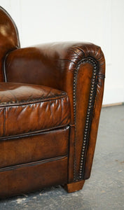STUNNING PAIR OF ART DECO STYLE HAND DYED WHISKEY BROWN CLUB ARMCHAIRS