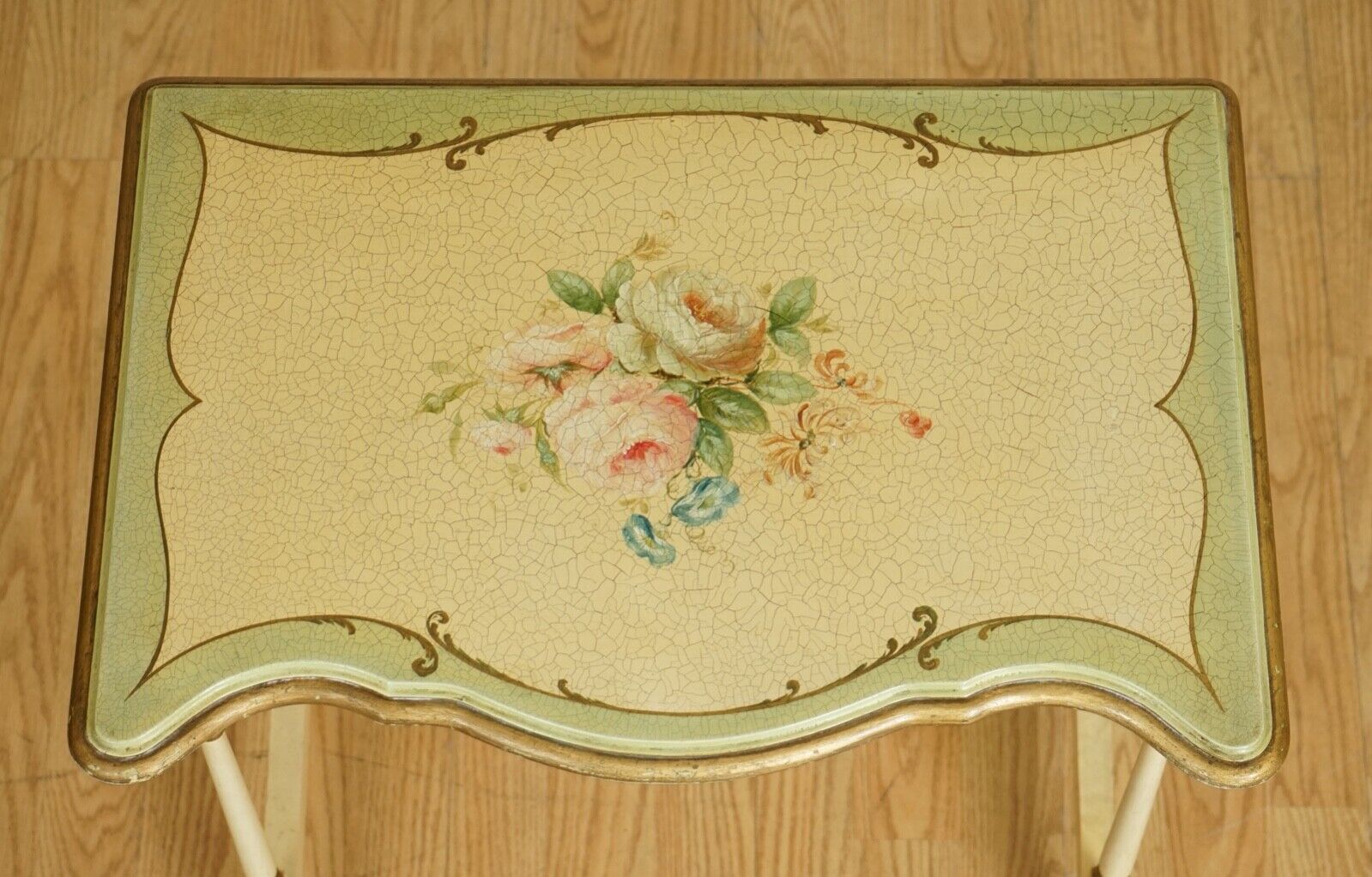VINTAGE FRENCH HAND PAINTED FLORAL NEST OF TABLES
