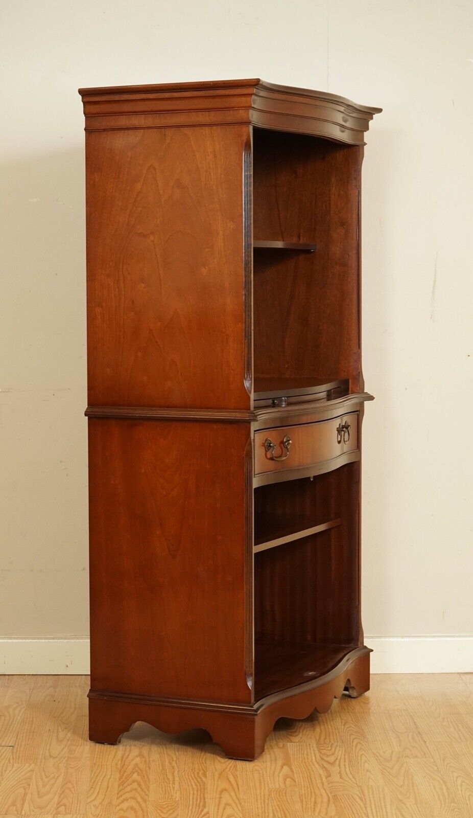 OPEN BOOKCASE CABINET WITH SHELVES SERVING TRAY AND DRAWER