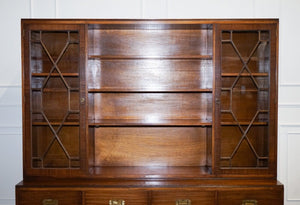 VINTAGE BEVAN FUNNELL MILITARY CAMPAIGN BOOKCASE WITH EMBOSSED LEATHER DOORS