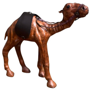 CAMEL SCULPTURE WITH LOVELY AGED LEATHER ON HAND CARVED WOOD BY LIBERTYS LONDON
